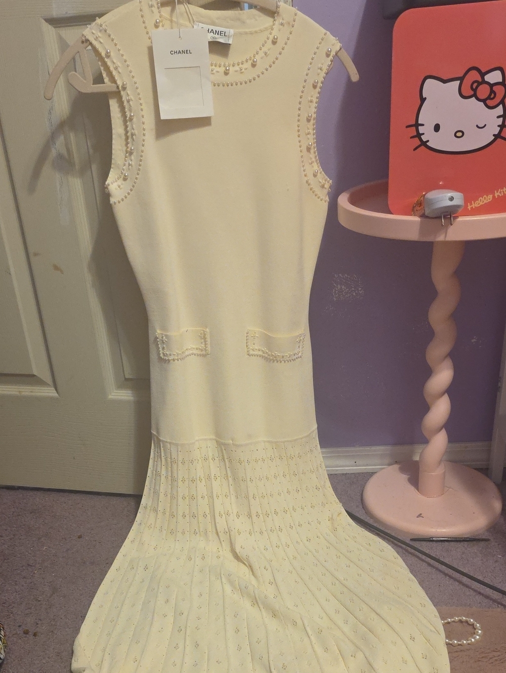 CHANEL Cream Pearl-Embellished Knit Formal Dress